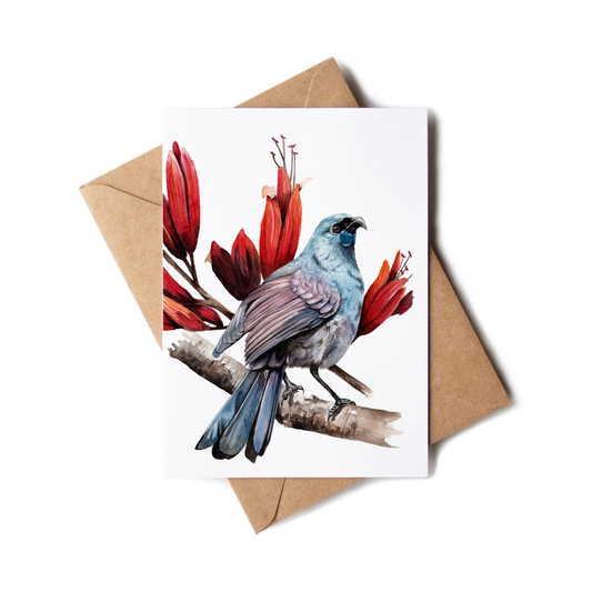 Greeting card with a bird and red flowers on a white background