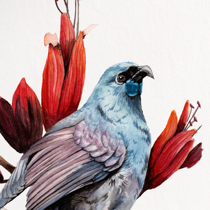 Art print of a bird perched on a branch with red flowers on a white background
