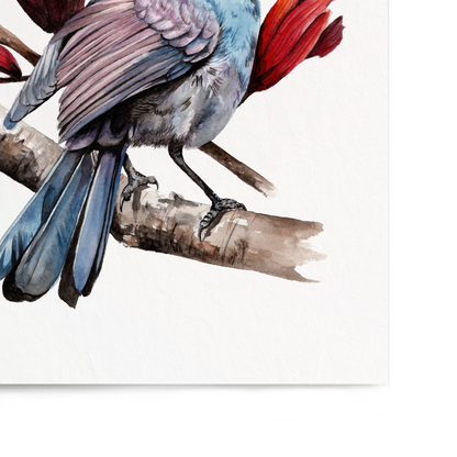 Art print of a bird perched on a branch with red flowers on a white background