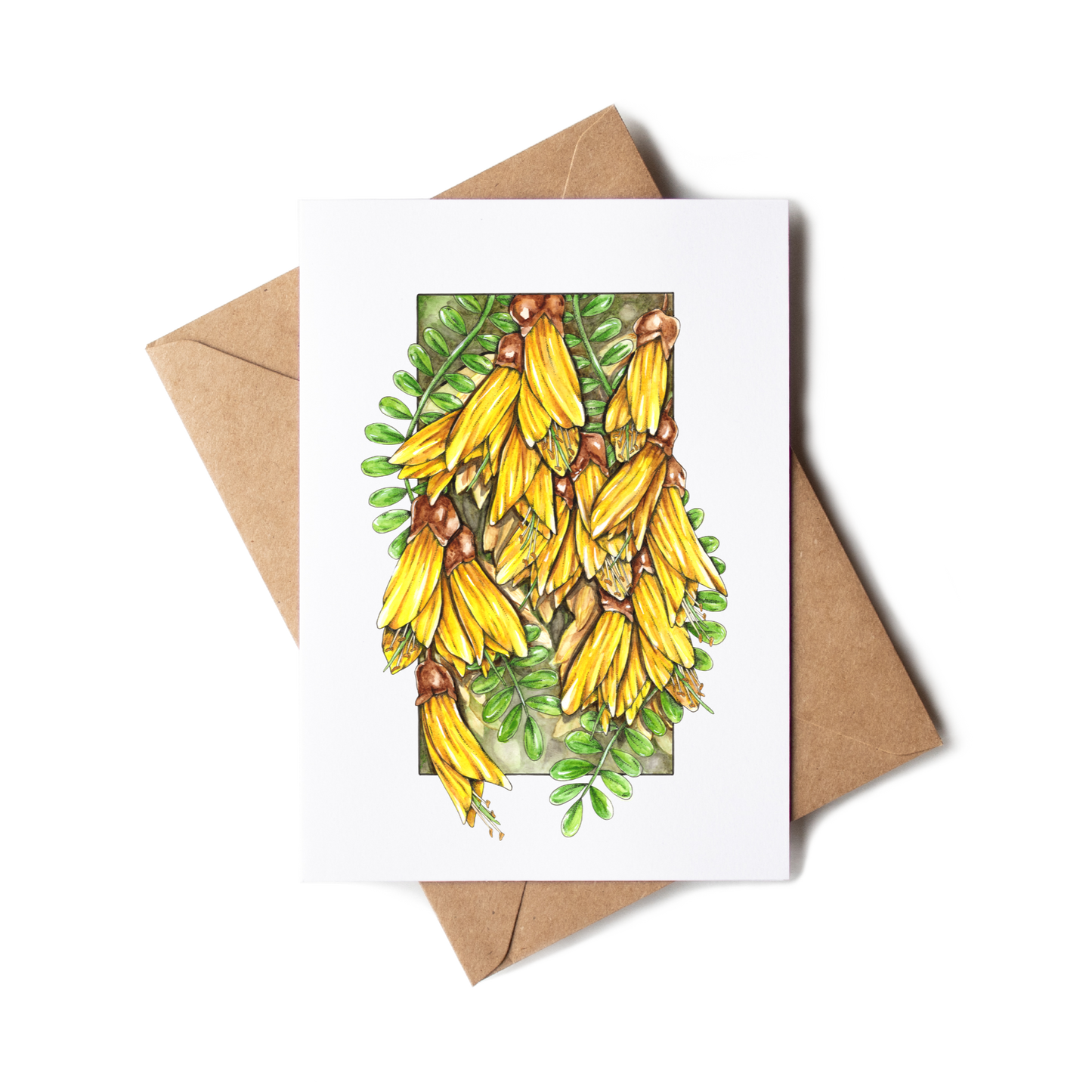 Greeting card with yellow flowers and brown envelope on white background