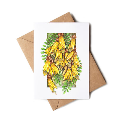 Greeting card with yellow flowers and brown envelope on white background