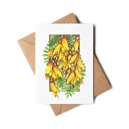 Greeting card with yellow flowers and brown envelope on white background
