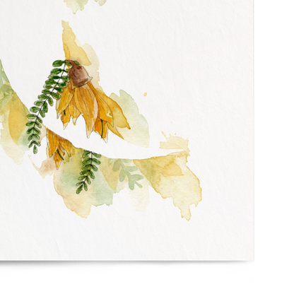 Framed artwork of a floral design with yellow and green colors on a white background