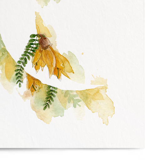 Framed artwork of a floral design with yellow and green colors on a white background