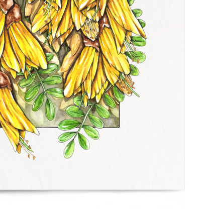 Illustration of yellow flowers with green leaves on a white background