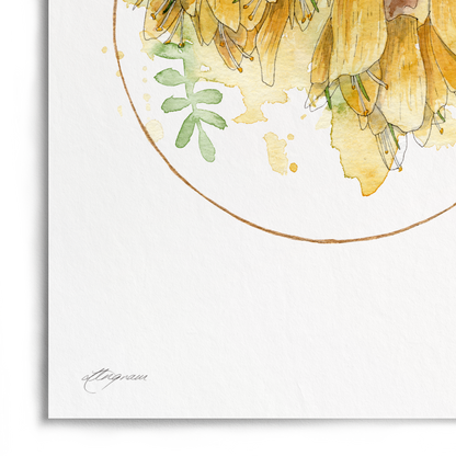 A vertical watercolor art print depicting a cluster of yellow and brown bird's eye flowers with green leaves, presented on a white background with a soft drop shadow.