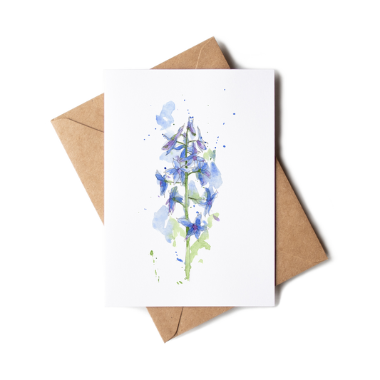 Greeting card with blue floral design and brown envelope on white background
