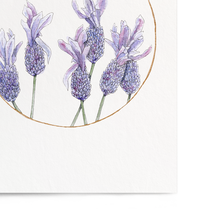 A vertical art print featuring a watercolor illustration of lavender flowers inside a thin gold circle, set against a clean white background.