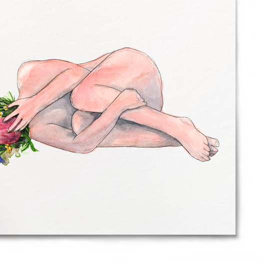 A square art print featuring a watercolor-style illustration of a nude female figure curled inward, reaching toward a bouquet of pink and purple flowers, shown against a white background.