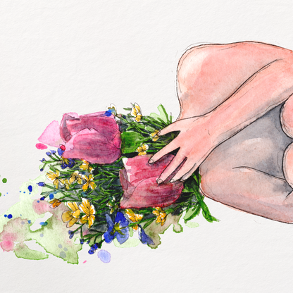 A square art print featuring a watercolor-style illustration of a nude female figure curled inward, reaching toward a bouquet of pink and purple flowers, shown against a white background.
