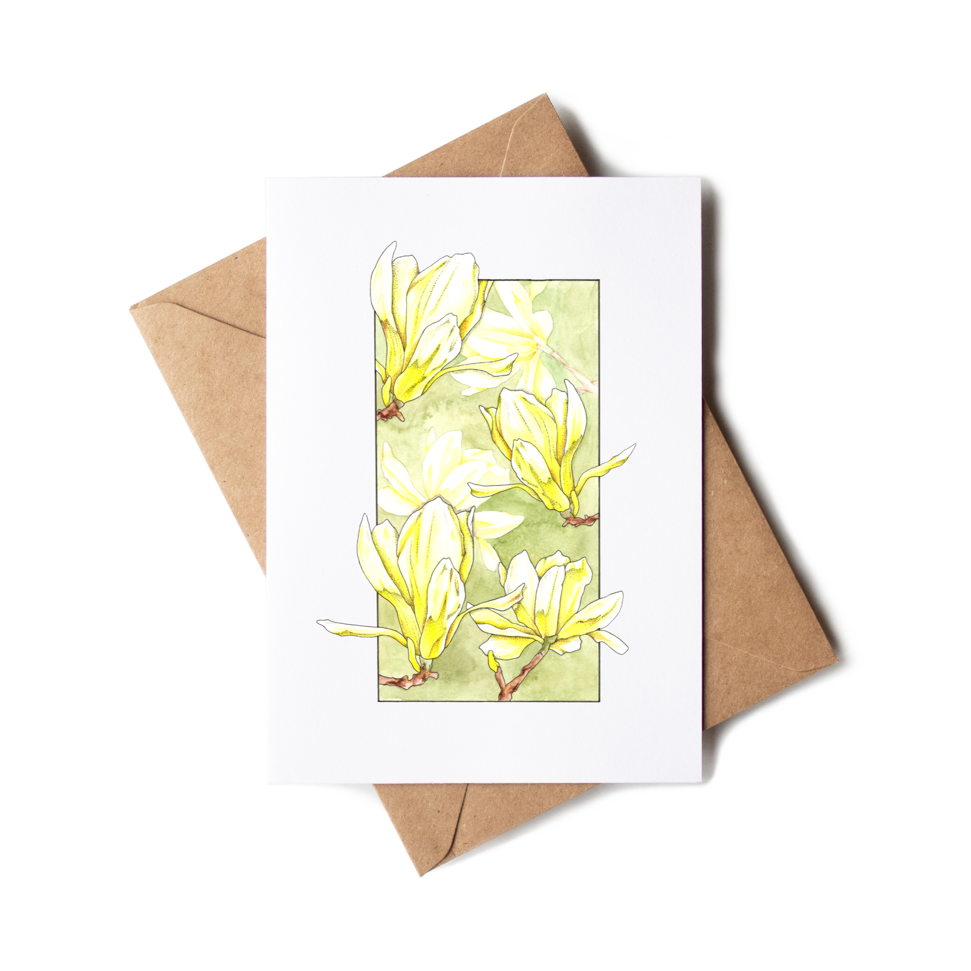 Greeting card with yellow floral design on a white background with a brown envelope.