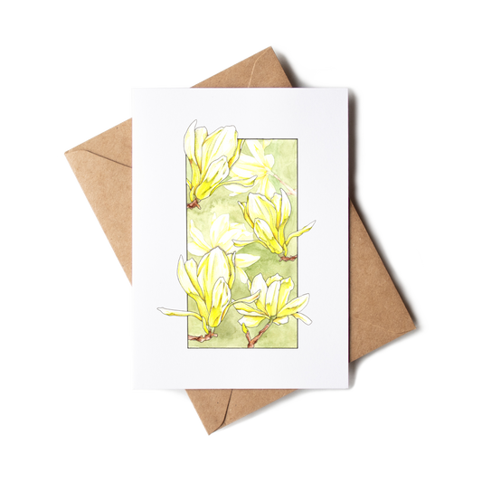 Greeting card with yellow floral design on a white background with a brown envelope.