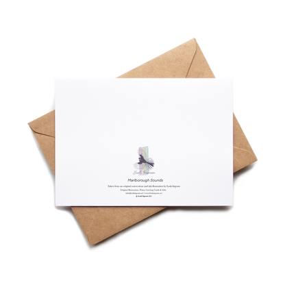 White card with a logo and text on a brown envelope against a white background