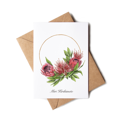 Greeting card with floral design and brown envelope on white background
