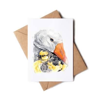 Greeting card with a goose and duck illustration on a white background with a brown envelope.