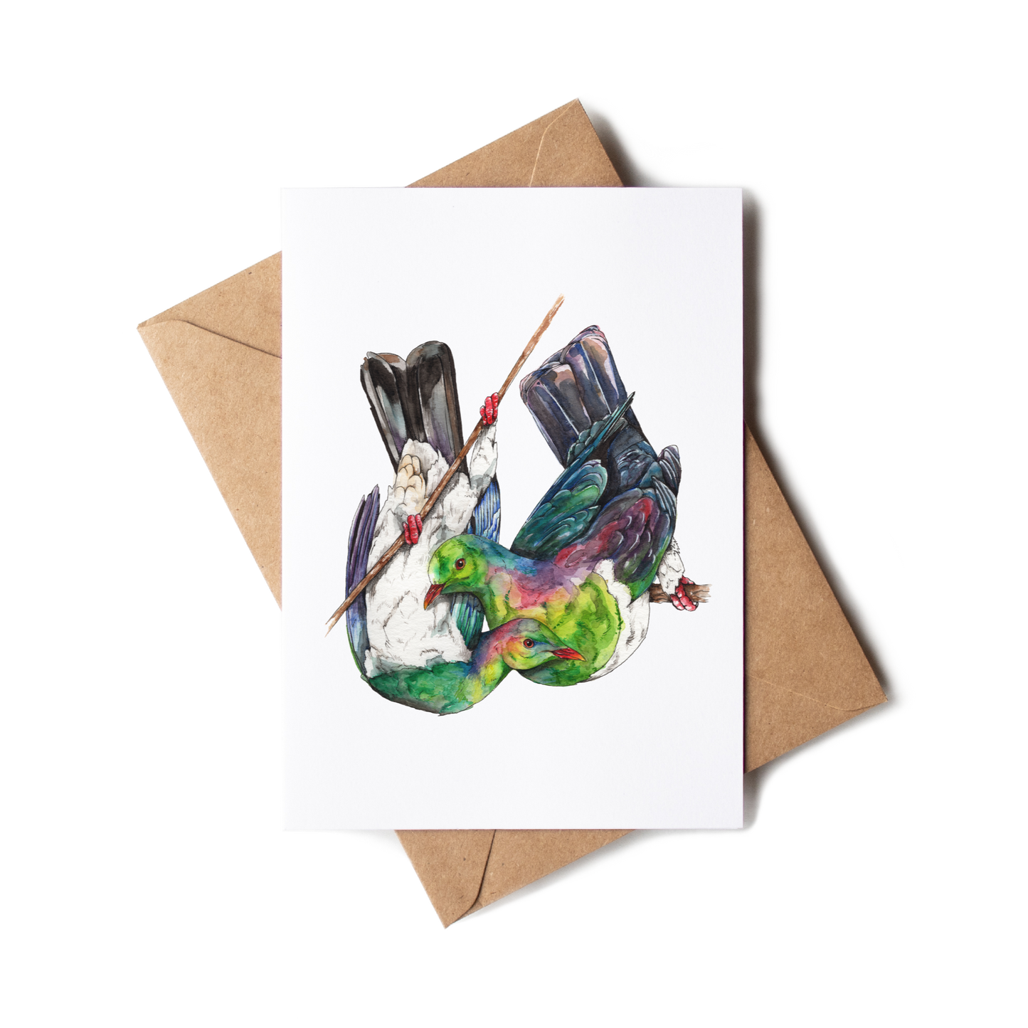 Greeting card with a colorful kererū design on a white background