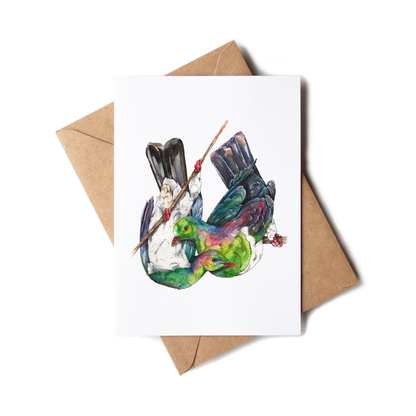 Greeting card with a colorful kererū design on a white background