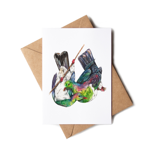 Greeting card with a colorful kererū design on a white background