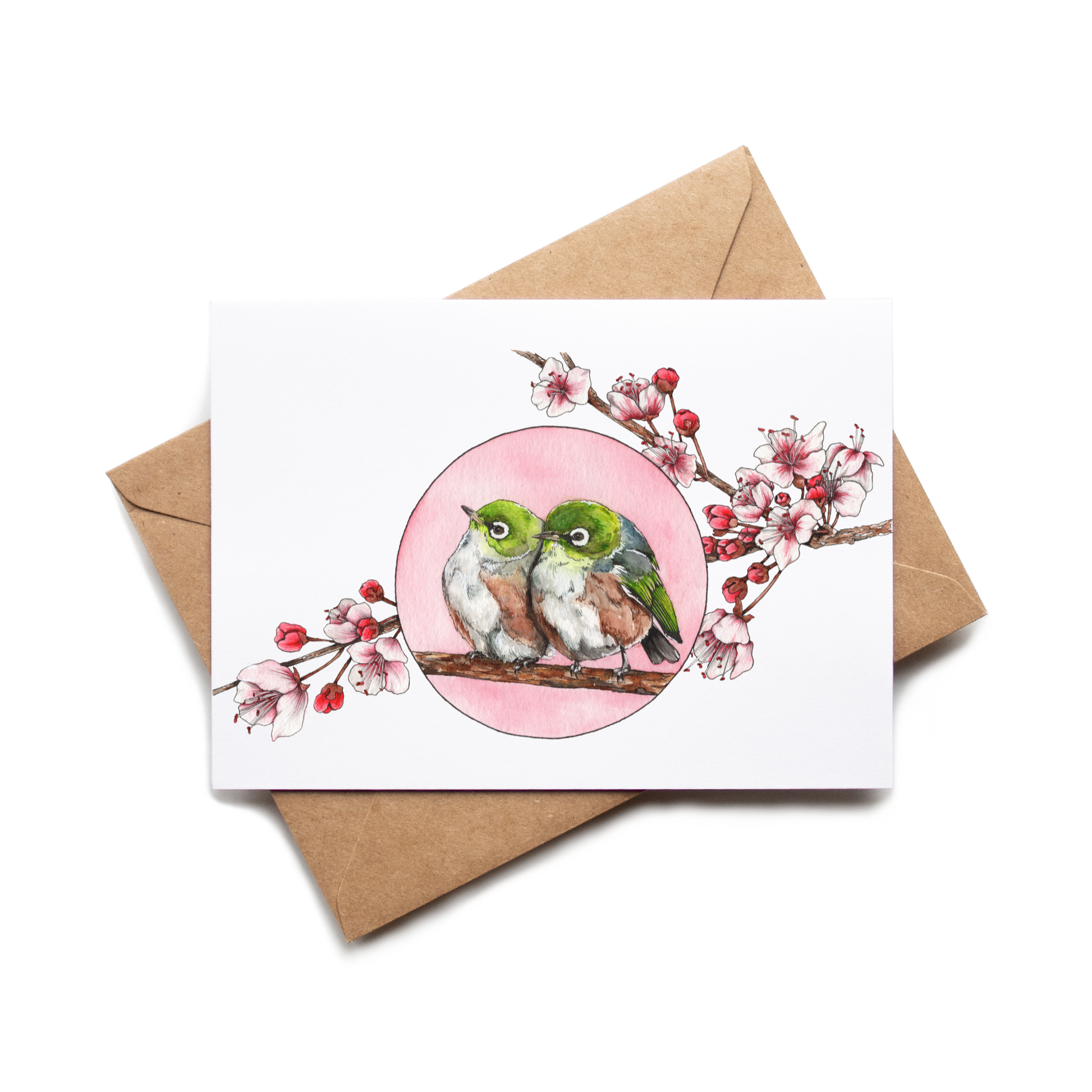 Card with two birds and a pink circle on a white background