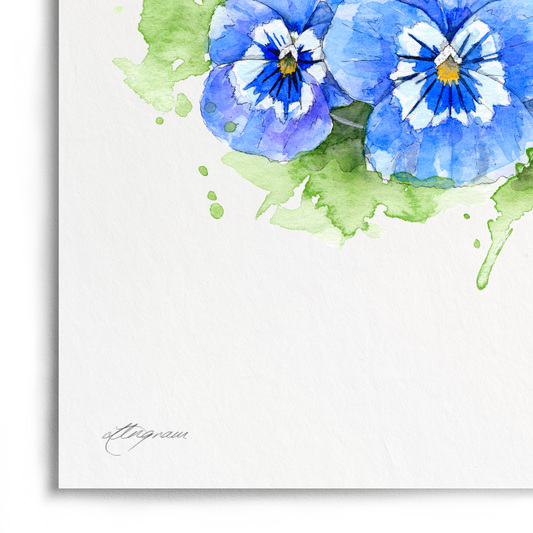 A vertical art print featuring a watercolor illustration of three blue pansies with green leaves inside a wire basket outline, shown on a white background with a soft drop shadow.