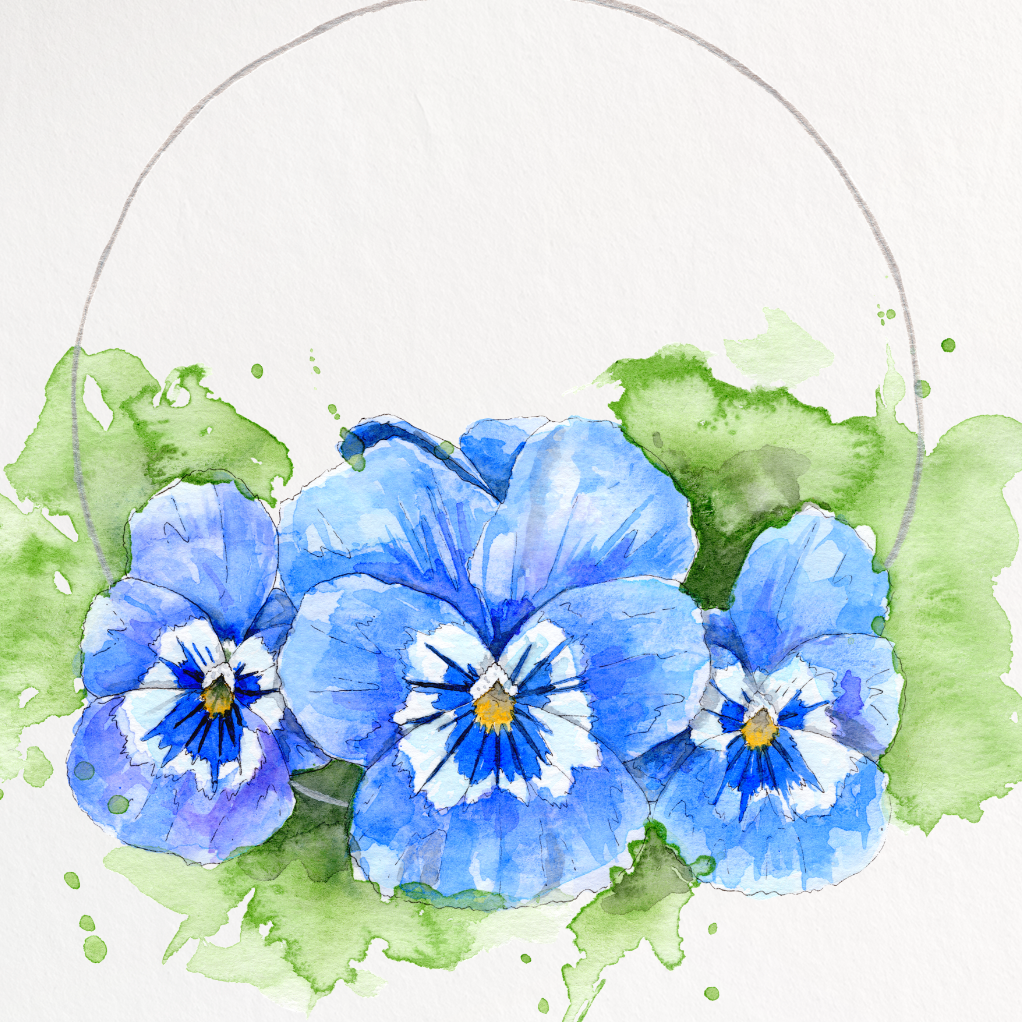 A vertical art print featuring a watercolor illustration of three blue pansies with green leaves inside a wire basket outline, shown on a white background with a soft drop shadow.
