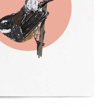 Framed artwork of a bird on a branch with a pink circle background