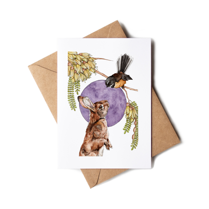 Greeting card with a rabbit and bird illustration on a white background