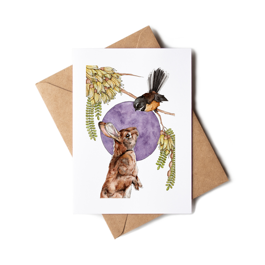 Greeting card with a rabbit and bird illustration on a white background