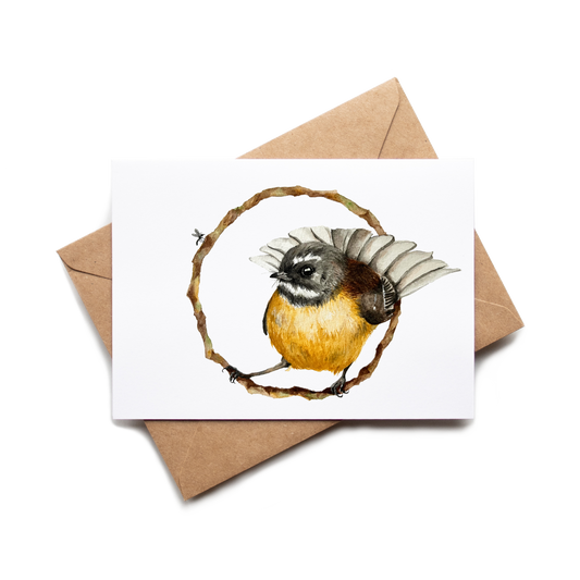 Card with a bird illustration on a white background with a brown envelope.