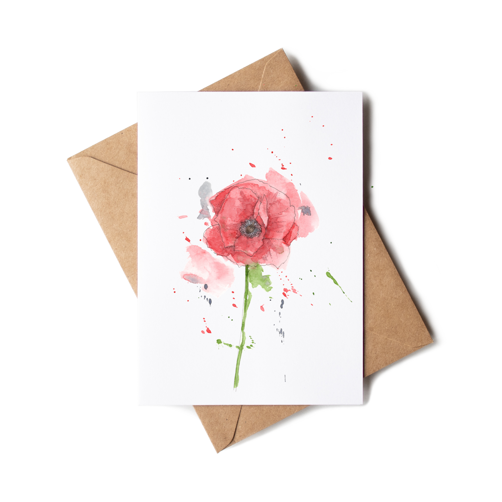 Greeting card with a pink flower design and a brown envelope on a white background