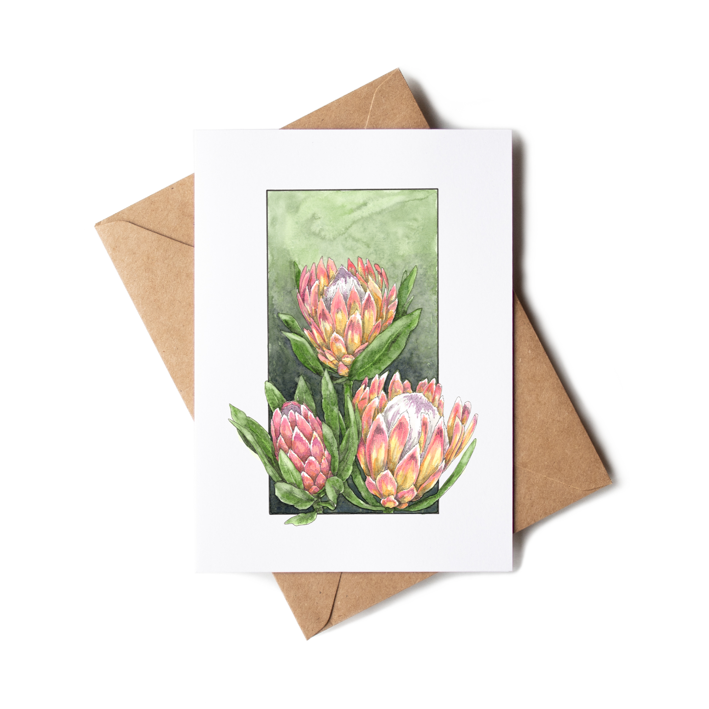 Greeting card with protea flowers design and brown envelope on white background