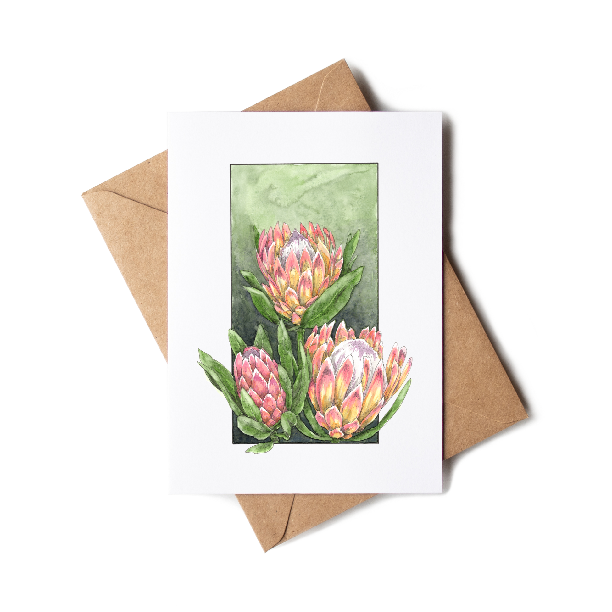 Greeting card with protea flowers design and brown envelope on white background