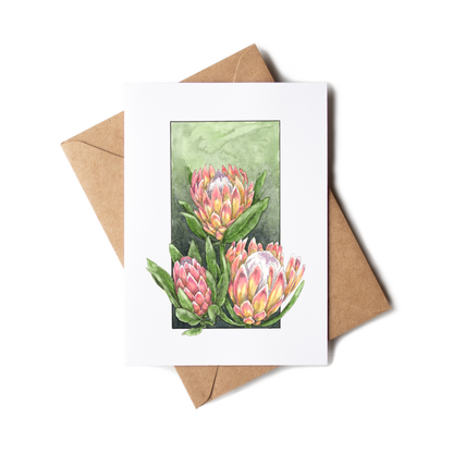 Greeting card with protea flowers design and brown envelope on white background