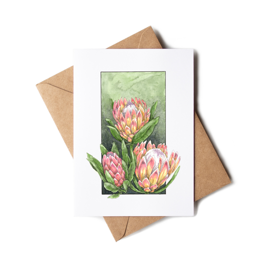 Greeting card with protea flowers design and brown envelope on white background