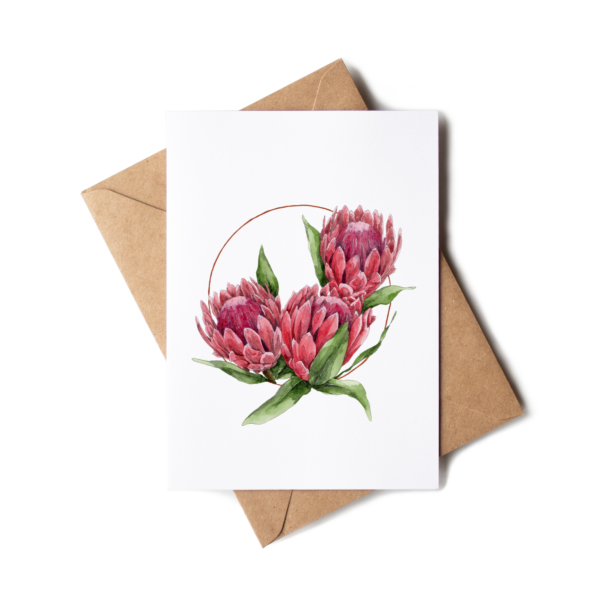 Greeting card with pink flowers and a brown envelope on a white background
