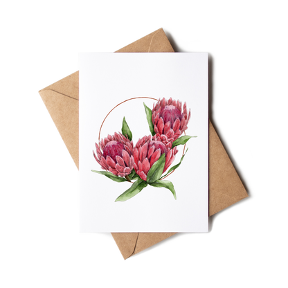 Greeting card with pink flowers and a brown envelope on a white background
