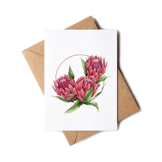 Greeting card with pink flowers and a brown envelope on a white background