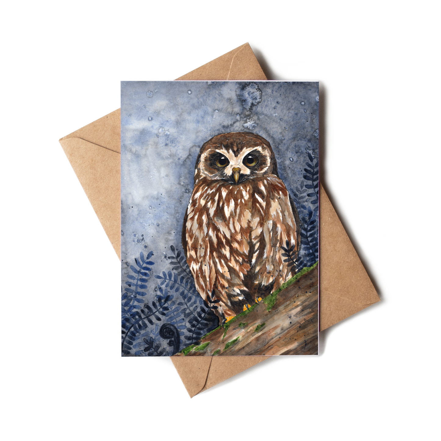 Greeting card with an owl illustration on a brown envelope