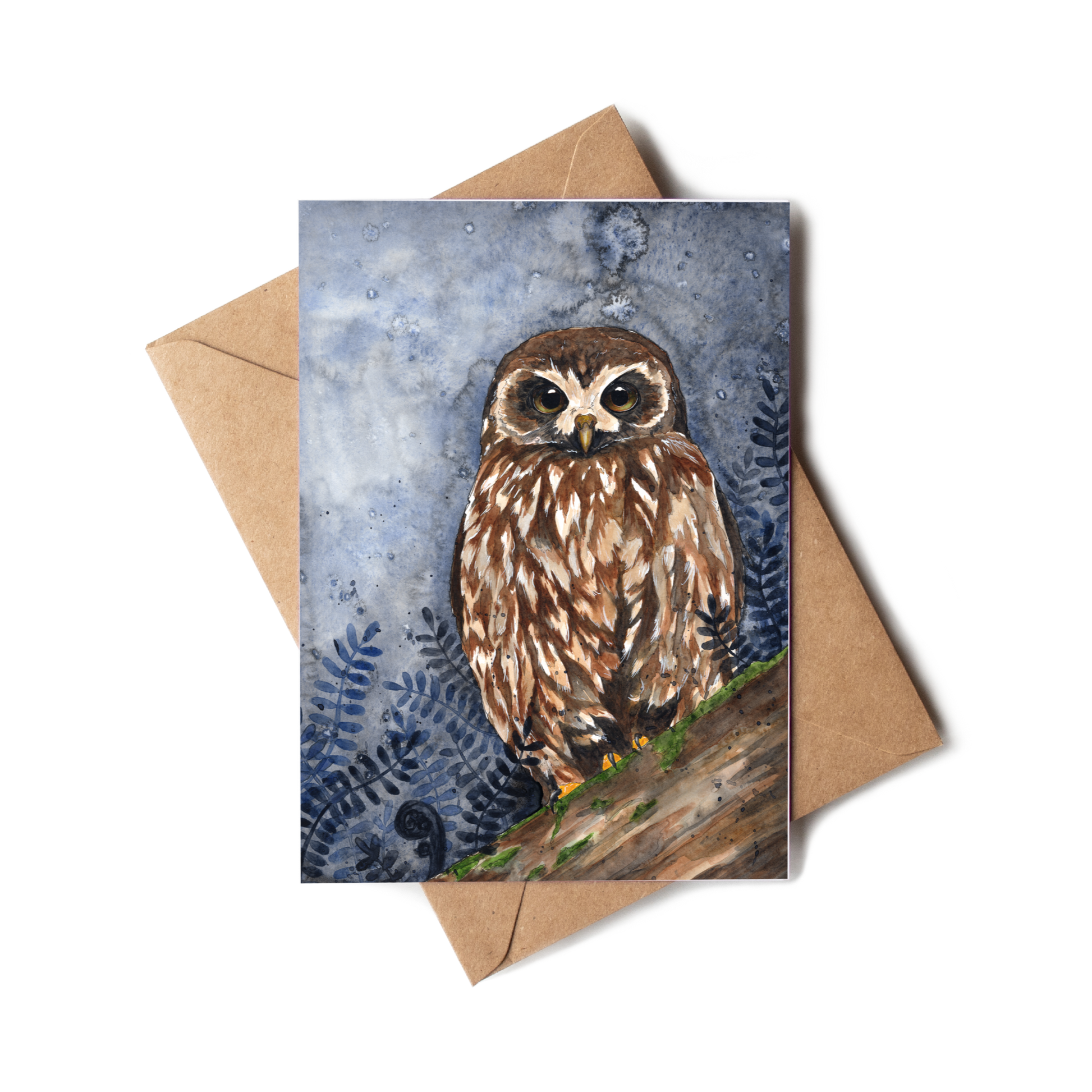 Greeting card with an owl illustration on a brown envelope