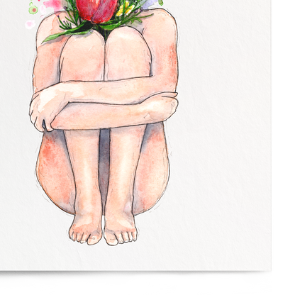 A vertical art print featuring a watercolor illustration of a seated figure with their head replaced by a bouquet of pink tulips and small wildflowers, shown against a plain white background.