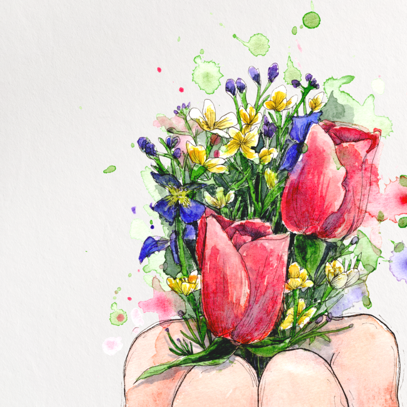 A vertical art print featuring a watercolor illustration of a seated figure with their head replaced by a bouquet of pink tulips and small wildflowers, shown against a plain white background.