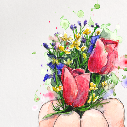 A vertical art print featuring a watercolor illustration of a seated figure with their head replaced by a bouquet of pink tulips and small wildflowers, shown against a plain white background.