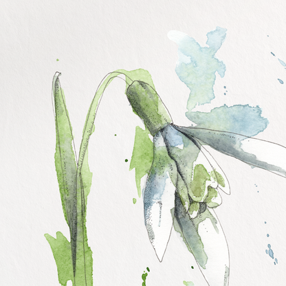 Framed artwork of a green plant with blue flowers on a white background