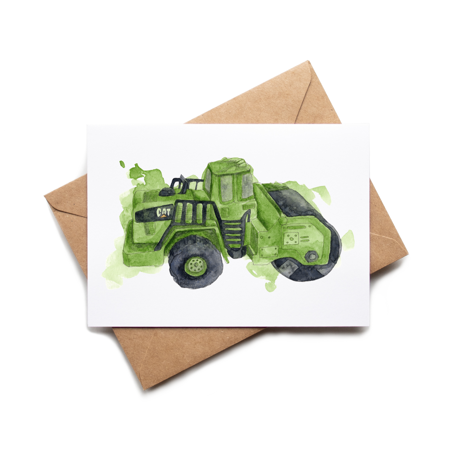 Card with a green steamroller illustration on a white background