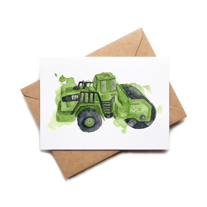 Card with a green steamroller illustration on a white background