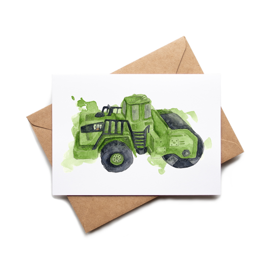 Card with a green steamroller illustration on a white background