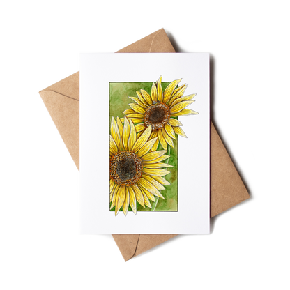 Greeting card with sunflower design and brown envelope on white background