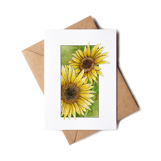 Greeting card with sunflower design and brown envelope on white background