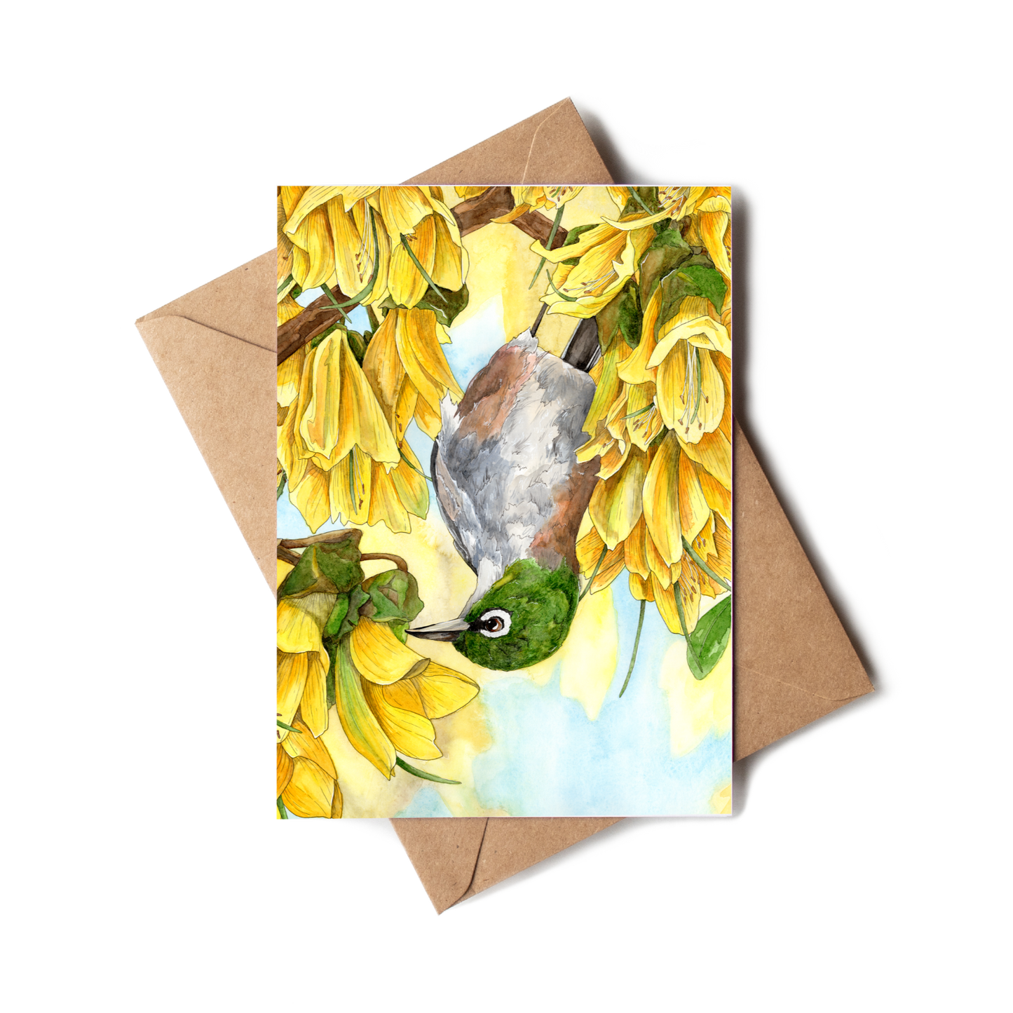 Greeting card with a bird and yellow flowers on a brown envelope