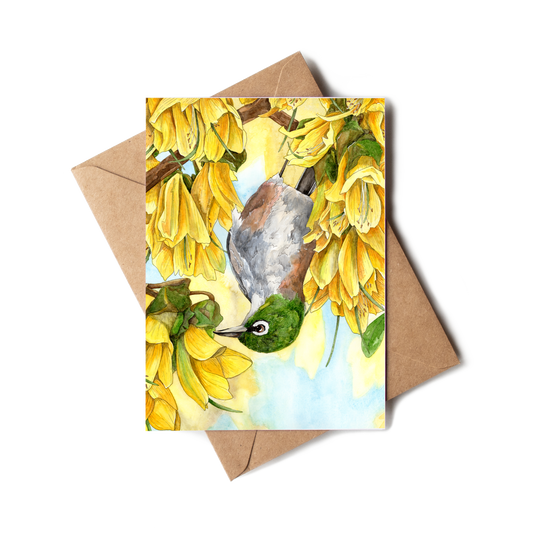 Greeting card with a bird and yellow flowers on a brown envelope